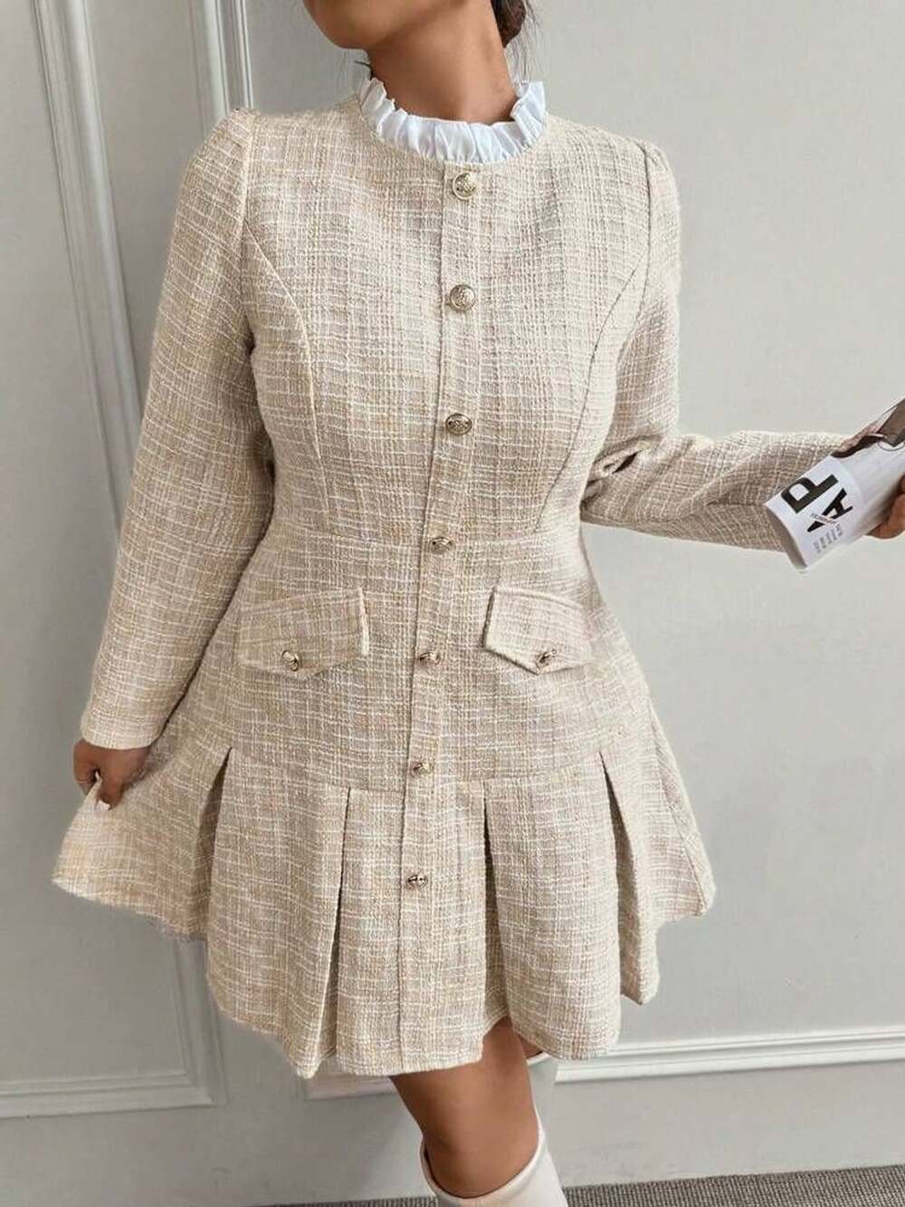SHEIN Beige Tweed Long Sleeve Ruffle Neck Pleated Mini Dress